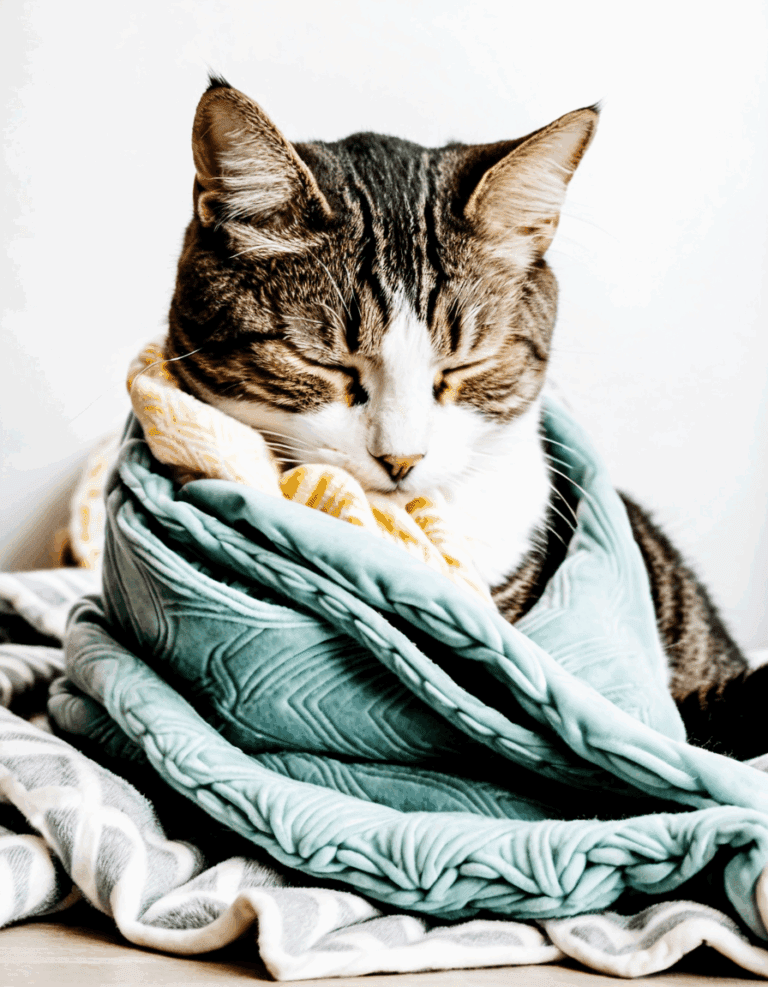 cat kneading and holding blanket in mouth