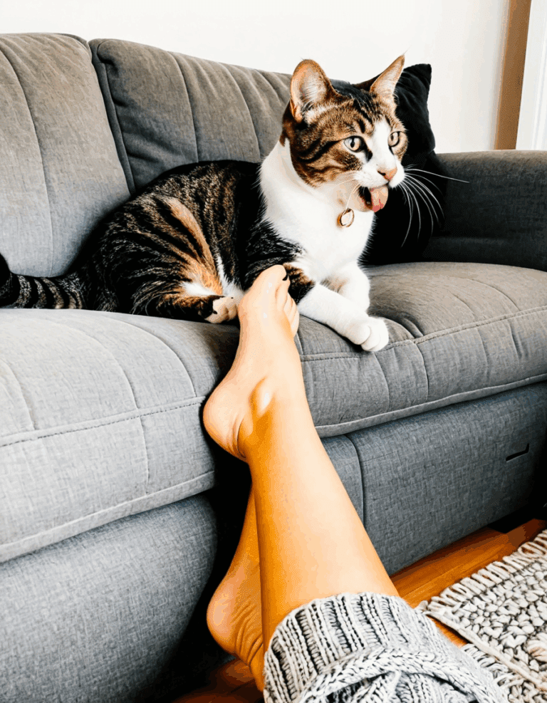 my cat licking my feet